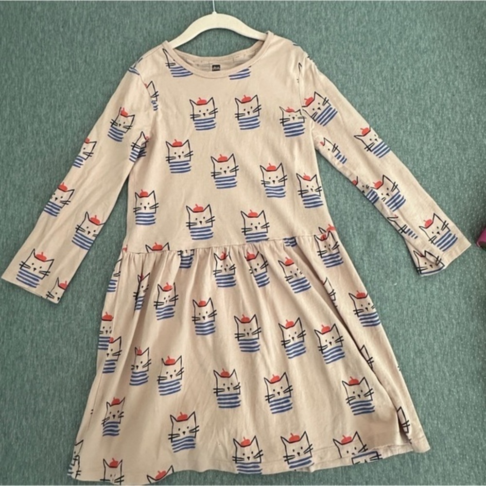 Tea Collection Light peach dress -French Cats with Red berets-Size 10